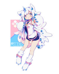 Rule 34 | 1girl, :o, absurdres, animal ears, animal hands, bare shoulders, blue one-piece swimsuit, blush, blush stickers, bright pupils, cat ears, contrapposto, crystal horns, dot nose, flat chest, full body, gloves, hair ornament, highres, horns, ice crystal, jacket, long hair, looking at viewer, monster girl, multicolored clothes, multicolored jacket, one-piece swimsuit, open clothes, open jacket, open mouth, original, parted bangs, paw gloves, paw pose, paw shoes, pink jacket, red eyes, school swimsuit, sidelocks, simple background, single horn, solo, swimsuit, tail, tail ornament, thighs, uenomigi, very long hair, white background, white hair, white jacket, white pupils