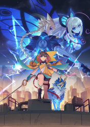 Rule 34 | 1boy, 2girls, antenna hair, azure striker gunvolt, azure striker gunvolt 3, bare shoulders, black shorts, blonde hair, blue coat, blue eyes, blue fur, blue necktie, body markings, boots, braid, braided ponytail, brown footwear, brown hair, butterfly hair ornament, butterfly wings, coat, dog, dress, electricity, fake horns, from behind, gun, gunvolt, hair ornament, hatakeyama yoshitaka, highres, holding, holding gun, holding sword, holding weapon, horns, insect wings, kirin (gunvolt), long hair, looking at viewer, looking back, lumen (gunvolt), multicolored hair, multiple girls, necktie, nontraditional miko, official art, pink hair, red hair, shirt, short hair, shorts, strapless, strapless dress, sword, third-party source, two-tone hair, weapon, white dress, white shirt, wings, yellow cloak