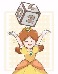 Rule 34 | 1girl, blue eyes, border, brooch, brown hair, chocomiru, closed eyes, crown, dice, dress, earrings, flower, gloves, high heels, jewelry, long hair, mario (series), mario party, nintendo, open mouth, polka dot, polka dot background, princess, princess daisy, puffy sleeves, resolution mismatch, short sleeves, smile, solo, source larger, super mario party, upper body, white border, white gloves, yellow dress