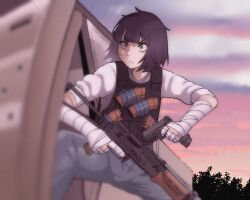 1girl absurdres aks-74u assault_rifle asymmetrical_dual_wielding bandaged_hand bandages black_hair blue_pants blurry bullet_hole bulletproof_vest car cloud cloudy_sky commission commissioner_upload denim depth_of_field dual_wielding finger_on_trigger glock green_eyes gun handgun highres holding ixyfog jeans kalashnikov_rifle magazine_(weapon) motor_vehicle non-web_source orange_sky original outdoors pants rifle shirt short_hair sky solo sweatdrop tape trigger_discipline weapon white_shirt