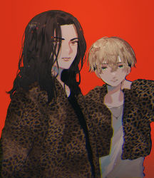 Rule 34 | 2boys, absurdres, animal print, bad id, bad pixiv id, baji keisuke, blonde hair, brown eyes, brown hair, closed mouth, commentary request, cropped jacket, green eyes, grey shirt, hagimorijia, hair between eyes, highres, jacket, jewelry, leopard print, long hair, long sleeves, looking at viewer, matsuno chifuyu, multiple boys, necklace, parted lips, print jacket, red background, shirt, short hair, simple background, tokyo revengers, upper body