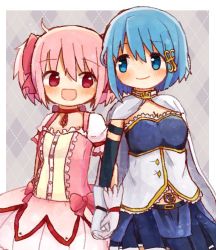 Rule 34 | 2girls, belt, blue eyes, blue hair, cape, dress, fortissimo, hair ornament, hair ribbon, hairclip, holding hands, kaname madoka, looking at another, mahou shoujo madoka magica, mahou shoujo madoka magica (anime), miki sayaka, multiple girls, musical note, musical note hair ornament, okayutoma, open mouth, pink eyes, pink hair, ribbon, short hair, skirt, smile, soul gem, twintails