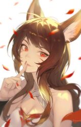 Rule 34 | 1girl, absurdres, ahri (league of legends), animal ear fluff, animal ears, artist name, bare shoulders, black hair, closed mouth, commentary, english commentary, facial mark, falling petals, finger to mouth, fingernails, fox ears, hair between eyes, highres, league of legends, long hair, looking at viewer, nail polish, official alternate costume, petals, potatohell, red eyes, red nails, red petals, risen legend ahri, sidelocks, simple background, smile, solo, upper body, whisker markings, white background