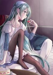 Rule 34 | 1girl, absurdres, aqua eyes, aqua hair, barefoot, black pantyhose, brown pantyhose, cake, collarbone, couch, dress, flat chest, food, fruit, half-closed eyes, hatsune miku, highres, long hair, nagitofuu, no shoes, pale skin, pantyhose, parted lips, sitting, solo, strawberry, strawberry cake, strawberry shortcake, twintails, usotsuki (vocaloid), very long hair, vocaloid, white dress