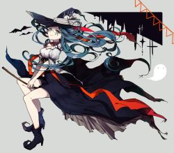 Rule 34 | 1girl, alternate costume, black background, black footwear, black hat, black skirt, blue hair, boots, breasts, broom, broom riding, commentary request, danganronpa (series), danganronpa v3: killing harmony, detached sleeves, floating hair, from side, full body, ghost print, glasses, goto (sep), grey background, hat, high heels, highres, long hair, long skirt, looking at viewer, medium breasts, puffy short sleeves, puffy sleeves, shirogane tsumugi, short sleeves, skirt, smile, solo, torn clothes, torn skirt, v arms, witch hat