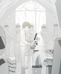 Rule 34 | 1boy, absurdres, avogado6, blue eyes, bouquet, brown hair, commentary request, flower, from side, hazmat suit, highres, holding, holding bouquet, husband and wife, jacket, original, pants, profile, robot, shoes, veil, wedding, white footwear, white jacket, white pants