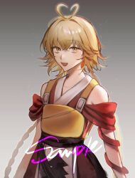 Rule 34 | 1other, androgynous, antenna hair, arm ribbon, armor, bare shoulders, black sash, black skirt, blonde hair, braid, chinese commentary, commentary request, detached sleeves, gradient background, grey background, heart, heart antenna hair, heart in eye, highres, japanese clothes, kimono, komatsu2536, len&#039;en, long hair, looking at viewer, low twin braids, ooama no ake no mitori, open mouth, pagoda, red kimono, red ribbon, red sleeves, ribbon, sample watermark, sash, short sleeves, skirt, smile, symbol in eye, twin braids, upper body, very long hair, watermark, yellow armor, yellow eyes