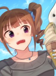 Rule 34 | 1girl, absurdres, ahoge, bird, blurry, blush, brown hair, collarbone, day, drill hair, food, highres, ice cream, ice cream cone, idolmaster, idolmaster million live!, jewelry, kamille (vcx68), looking at viewer, motion blur, necklace, open mouth, outdoors, purple eyes, scrunchie, seagull, short hair, side drill, solo, teeth, upper body, yokoyama nao