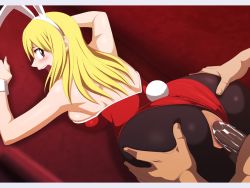 Rule 34 | 1boy, 1girl, animal ears, anus, ass, ass grab, blonde hair, blush, breasts, brown eyes, censored, clothed sex, doggystyle, fairy tail, fake animal ears, game cg, hetero, highres, huge ass, large breasts, lime (purple haze), long hair, looking back, lucy heartfilia, lying, mosaic censoring, nude, open mouth, pantyhose, penis, playboy bunny, pussy, pussy juice, rabbit ears, sex, sex from behind, short hair, sweat, testicles, torn clothes, torn legwear, vaginal