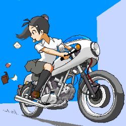 Rule 34 | 1girl, antenna hair, artist request, book, bread slice, female focus, food, food in mouth, hair ornament, kneehighs, lowres, motor vehicle, motorcycle, mouth hold, oekaki, ponytail, school uniform, simple background, skirt, socks, solo, source request, toast, toast in mouth, vehicle