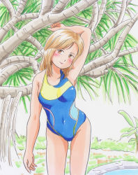 Rule 34 | 1girl, arm up, blue one-piece swimsuit, blush, breasts, brown eyes, brown hair, bush, grass, highres, long hair, looking at viewer, marup, medium breasts, one-piece swimsuit, palm tree, pool, school swimsuit, smile, standing, swimsuit, tree, water, yellow one-piece swimsuit