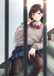 Rule 34 | 1girl, bad id, bad pixiv id, black hair, black pantyhose, blue eyes, blue skirt, blurry, blurry foreground, blush, bow, brown hair, clothes lift, depth of field, earrings, grey sweater, highres, index finger raised, indoors, jewelry, kyuuso inukami, lifted by self, long hair, looking at viewer, miniskirt, original, panties, panties under pantyhose, pantyhose, parted lips, pleated skirt, red bow, school uniform, self exposure, sitting, skirt, skirt lift, solo, stairs, sweater, thighband pantyhose, thighs, underwear
