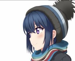 Rule 34 | 1girl, black coat, black headwear, blue hair, blush, bobblehat, closed mouth, coat, commentary, highres, looking to the side, mayu p, multicolored stripes, portrait, purple eyes, scarf, shima rin, short hair, smile, solo, striped clothes, striped scarf, white background, yurucamp