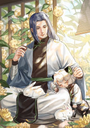 Rule 34 | 2boys, absurdres, animal ears, black hair, cat boy, cat ears, closed eyes, flower, food, food on face, highres, holding, holding food, leaf, long hair, long sleeves, luo xiaohei, luo xiaohei (human), luo xiaohei zhanji, multiple boys, petals, plant, qingqingdechang, rabbit, short hair, sitting, sleeping, white hair, wide sleeves, wuxian (the legend of luoxiaohei), yellow flower