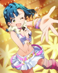 Rule 34 | 10s, 1girl, ;d, blue hair, bracelet, breasts, card (medium), crop top, fur trim, idolmaster, idolmaster million live!, jewelry, lots of jewelry, microphone, midriff, million dreams (idolmaster), music, nanao yuriko, navel, official art, one eye closed, open mouth, singing, skirt, small breasts, smile, solo, sparkle, wink, wireless, yellow eyes