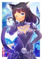Rule 34 | 1girl, ;), animal ear fluff, animal ears, armor, bird, black dress, black gloves, black hair, blue eyes, blurry, blurry background, blush, breasts, cat ears, cat girl, cat tail, cleavage, cleavage cutout, closed mouth, clothing cutout, commentary request, commission, depth of field, dress, elbow gloves, final fantasy, final fantasy xiv, gloves, hand on own hip, kou hiyoyo, long hair, looking at viewer, medium breasts, miqo&#039;te, one eye closed, pauldrons, penguin, ponytail, shoulder armor, skeb commission, smile, tail, warrior of light (ff14)