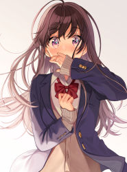 Rule 34 | 1girl, ahoge, blazer, blue eyes, blue jacket, blush, bow, brown hair, cardigan, commentary request, covering own mouth, hand over own mouth, highres, jacket, long hair, original, red bow, school uniform, shigure ui, sleeves past wrists, solo, upper body