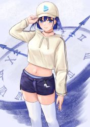 Rule 34 | 1girl, absurdres, baseball cap, black choker, blue eyes, blue hair, blue nails, boros (ouro kronii), bow, bow earrings, brown hoodie, choker, clock, closed mouth, earrings, hair between eyes, hand on headwear, hat, highres, hololive, hololive english, hood, hood down, hoodie, jewelry, looking at viewer, midriff, nail polish, navel, ouro kronii, purple skirt, raiiniichts, roman numeral, short hair, short shorts, shorts, skirt, smile, solo, thighhighs, virtual youtuber, white thighhighs