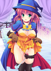 Rule 34 | 1girl, alice wishheart, bed, black thighhighs, blush, bow, breasts, bridal garter, cape, choker, cleavage, clothes lift, covered erect nipples, curtains, dress, earrings, green eyes, hat, jewelry, lifted by self, magical halloween, medium breasts, orange dress, orange skirt, panties, panty pull, pillow, pink hair, pussy juice, ribbon, sex toy, short hair, skirt, skirt lift, smile, solo, star (symbol), star earrings, striped clothes, striped panties, thighhighs, tokinon, underwear, vibrator, witch hat, yellow bow