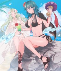 Rule 34 | 2girls, bad id, bad twitter id, bikini, black bikini, blue eyes, blue hair, blue sky, breasts, byleth (female) (fire emblem), byleth (female) (summer) (fire emblem), byleth (fire emblem), cleavage, closed eyes, closed mouth, cloud, cup, day, drinking straw, fire emblem, fire emblem: three houses, fire emblem heroes, glass, green hair, heart, high heels, highres, holding, holding cup, large breasts, long hair, multiple girls, nintendo, official alternate costume, open mouth, outdoors, rhea (fire emblem), rock, sitting, sky, smile, snl v, swimsuit, tiara, white bikini