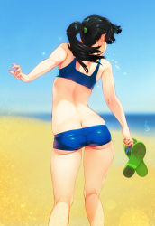 Rule 34 | 1girl, absurdres, ass, beach, bikini, black hair, blue bikini, blurry, blurry background, butt crack, day, feguimel, flip-flops, from behind, highres, holding, holding shoes, long hair, original, ponytail, sandals, unworn sandals, shoes, unworn shoes, skindentation, slippers, solo, swimsuit, undersized clothes, watermark