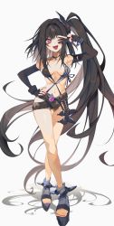 Rule 34 | 1girl, absurdres, architect (girls&#039; frontline), architect (nvw model) (girls&#039; frontline), black hair, black one-piece swimsuit, crossed legs, elbow gloves, full body, girls&#039; frontline, gloves, hair intakes, hamita (rikopin ika), hand on own hip, highres, long hair, o-ring, o-ring swimsuit, one-piece swimsuit, one eye closed, one side up, partially fingerless gloves, sandals, sangvis ferri, smile, standing, striped clothes, swimsuit, v, v over eye