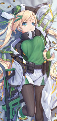 Rule 34 | 1girl, absurdres, ammunition pouch, belt, belt pouch, black gloves, black pantyhose, blonde hair, blue eyes, breasts, bullet, dakimakura (medium), earphones, facial mark, gloves, green footwear, green gloves, green shirt, highres, indie virtual youtuber, jacket, long hair, looking at viewer, lying, medium breasts, neko7, off shoulder, on back, open clothes, open jacket, pantyhose, pantyhose under shorts, parted lips, pouch, ruroro, shirt, short shorts, shorts, shrug (clothing), solo, taut clothes, taut shirt, trigger discipline, twintails, two-tone gloves, utility belt, very long hair, virtual youtuber, weapon request, white jacket, white shorts