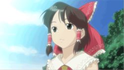 Rule 34 | animated, animated gif, bow, cloud, day, female focus, hair bow, hakurei reimu, lowres, sky, solo, touhou, touhou anime project, tree, wind