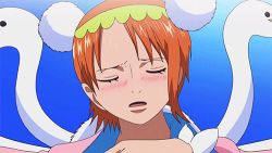 Rule 34 | 1boy, animated, animated gif, blush, bon clay, bouncing breasts, breasts, large breasts, lowres, nami (one piece), one piece, orange hair, sweat
