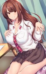 Rule 34 | 1girl, absurdres, ahoge, arashiki mamizu, black skirt, breast pocket, breasts, brown hair, cleavage, collarbone, collared shirt, commentary request, curtains, cushion, grin, hand on own chest, highres, indoors, large breasts, long hair, looking at viewer, necktie, notebook, original, pleated skirt, pocket, red necktie, shirt, sidelocks, sitting, skirt, smile, solo, striped necktie, striped neckwear, table, teeth, thighs, wariza, white shirt