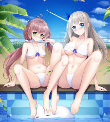 Rule 34 | 2girls, bikini, blue eyes, blue sky, breasts, brown hair, day, feather hair ornament, fengli (709622571), green eyes, hair ornament, highres, large breasts, lexington (warship girls r), long hair, low twintails, multiple girls, navel, outdoors, platinum blonde hair, poolside, sitting, sky, small breasts, swimsuit, twintails, very long hair, warship girls r, white bikini