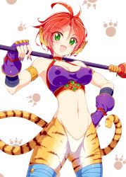 Rule 34 | 1girl, animal ears, blush, breasts, breath of fire, breath of fire ii, bustier, cat ears, cat tail, facial mark, furry, furry female, gloves, green eyes, highres, looking at viewer, medium breasts, nail polish, no panties, no pants, open mouth, pointy ears, red hair, rinpoo chuan, short hair, smile, solo, staff, tail, yakisoba (kaz2113)