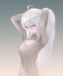 Rule 34 | 1girl, absurdres, allta, cleavage cutout, clothing cutout, grey shirt, hair tie, hands up, highres, holding, holding hair, long hair, looking at viewer, mouth hold, purple eyes, shirt, solo, standing, tying hair, upper body, vocaloid, white hair, yowane haku