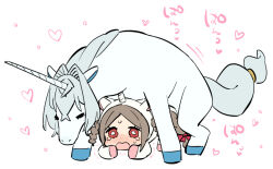 Rule 34 | 1boy, 1girl, bestiality, blue hair, blush, closed eyes, commentary, doggystyle, grey hair, heart, horns, lily (moyori), moyori, open mouth, original, red eyes, sex, sex from behind, single horn, sweat, symbol-only commentary, trembling, unicorn, unicorn (moyori), unicorn costume, wavy eyes
