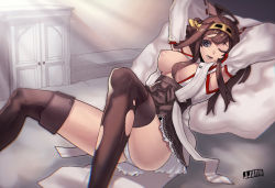 Rule 34 | 10s, 1girl, ahoge, armpits, arms up, bad id, bad pixiv id, blue eyes, boots, breast slip, breasts, brown hair, detached sleeves, headgear, highres, japanese clothes, jjune, kantai collection, kongou (kancolle), large breasts, legs, leotard, long hair, long legs, lying, miniskirt, nipples, nontraditional miko, on back, on bed, one breast out, panties, pantyshot, pillow, puffy nipples, skirt, solo, spread legs, thigh boots, thighhighs, thighs, torn clothes, torn leotard, torn thighhighs, underwear, upskirt, wide sleeves