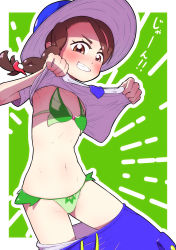 Rule 34 | 1girl, armpits, asymmetrical hair, bikini, bikini under clothes, blue hat, blue necktie, blue shorts, blush, border, braid, breasts, brown eyes, brown hair, clothes lift, clothes pull, clothing cutout, collarbone, cowboy shot, creatures (company), drawstring, emphasis lines, female focus, fumirumochigashin, game freak, green background, green bikini, grin, hair ornament, hairclip, hands up, happy, hat, highres, japanese text, juliana (pokemon), lifted by self, looking at viewer, matching hair/eyes, navel, necktie, nintendo, outline, outside border, pocket, pokemon, pokemon sv, shirt, shirt lift, short sleeves, shorts, shorts pull, side braid, simple background, single braid, small breasts, smile, solo, sprigatito, standing, stomach, sun hat, swept bangs, swimsuit, swimsuit under clothes, talking, teeth, translation request, v-shaped eyebrows, white border, white outline, white shirt
