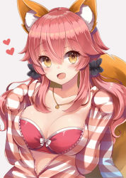 Rule 34 | 10s, 1koma, animal ears, bad id, bad pixiv id, bow, bow bra, bra, breasts, cleavage, comic, crop top, fang, fate/extra, fate/grand order, fate (series), fox ears, fox tail, hood, hooded track jacket, jacket, jewelry, large breasts, looking at viewer, midriff, official alternate costume, open mouth, pendant, pink bra, pink hair, solo, strapless, strapless bra, striped clothes, striped jacket, tail, tamamo (fate), tamamo no mae (fate/extra), tamamo no mae (spring casual) (fate), track jacket, underwear, upper body, white bow, yellow eyes, yuzu-aki