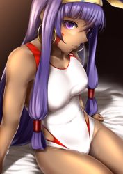 Rule 34 | .ronde, 1girl, bad id, bad pixiv id, blush, breasts, competition swimsuit, dark-skinned female, dark skin, earrings, facial mark, fate/grand order, fate (series), highres, jewelry, long hair, looking at viewer, nitocris (fate), nitocris (fate/grand order), nitocris (swimsuit assassin) (fate), nitocris (swimsuit assassin) (second ascension) (fate), one-piece swimsuit, purple eyes, purple hair, solo, swimsuit