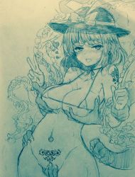 Rule 34 | 1girl, arm grab, bare arms, bikini, bikini top only, blush, bottomless, bow, bracelet, grabbing another&#039;s breast, breasts, collarbone, commentary request, cowboy shot, crotch grab, earrings, efukei, frills, grabbing, grabbing from behind, groin, hand on another&#039;s hip, hat, hat bow, heart, heart-shaped pupils, highres, jewelry, leaning back, looking at viewer, medium breasts, micro bikini, micro bikini top, monochrome, nagae iku, navel piercing, nose blush, piercing, pubic tattoo, shawl, short hair, shoulder tattoo, solo focus, star (symbol), stomach, sweat, swimsuit, symbol-shaped pupils, tattoo, tongue, tongue out, touhou, traditional media, v