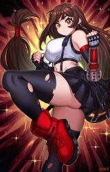Rule 34 | 1girl, black thighhighs, brown eyes, brown hair, clenched hands, dangle earrings, earrings, elbow pads, final fantasy, final fantasy vii, final fantasy vii remake, fingerless gloves, gloves, jewelry, lokigun, long hair, low-tied long hair, shirt, single elbow pad, skirt, solo, sparkle background, standing, standing on one leg, suspender skirt, suspenders, tank top, taut clothes, taut shirt, thighhighs, tifa lockhart, torn clothes, torn thighhighs, white tank top