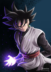 Rule 34 | 1boy, 2094banana, arm behind back, black eyes, black hair, closed mouth, dragon ball, dragon ball super, earrings, embers, energy, glowing, goku black, grey kimono, highres, japanese clothes, jewelry, kimono, long hair, long sleeves, looking at viewer, male focus, smile, solo, sparkle, spiked hair, twitter username