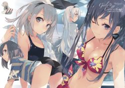 Rule 34 | 4girls, ;), all fours, bikini, black shorts, breasts, cleavage, clothes pull, collarbone, floral print, front-tie bikini top, front-tie top, grey eyes, grey skirt, groin, hairband, highres, long hair, looking at viewer, looking back, medium breasts, multiple girls, navel, novel illustration, official art, one-piece swimsuit, one eye closed, pleated skirt, ponkan 8, print bikini, red bikini, seitokai tantei kirika, shirt, short shorts, short sleeves, shorts, silver hair, skirt, skirt pull, smile, striped clothes, striped shirt, swimsuit, undressing, white shirt