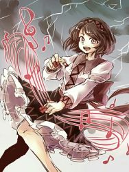 Rule 34 | 1girl, beamed quavers, brown eyes, brown hair, crotchet rest, hairband, instrument, juliet sleeves, koto (instrument), lightning, long sleeves, musical note, namuko, open mouth, petticoat, pigeon-toed, puffy sleeves, quaver, short hair, skirt, solo, staff (music), touhou, treble clef, tsukumo yatsuhashi