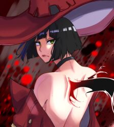 Rule 34 | 1girl, back, black choker, black hair, choker, green eyes, guilty gear, guilty gear strive, hat, highres, i-no, k irvine3, looking at viewer, looking back, mole, mole above mouth, red headwear, red leather, red lips, short hair, upper body, witch hat