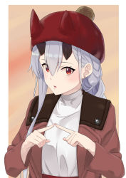 Rule 34 | 1girl, :o, absurdres, alternate costume, alternate hairstyle, blush, border, braid, coat, commentary request, earrings, fate/grand order, fate (series), fingers together, hat, highres, horns, index fingers together, jewelry, k-ya., long hair, looking at viewer, oni horns, red eyes, silver hair, single braid, solo, stud earrings, tomoe gozen (fate), white border, winter clothes, winter coat
