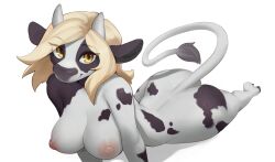 1girl animal_ears ass blonde_hair closed_mouth collarbone completely_nude cow_ears cow_girl cow_horns cow_tail furry furry_female highres horns long_hair looking_at_viewer lying nipples nude on_stomach orange_eyes original simple_background smile solo tail white_background woolrool