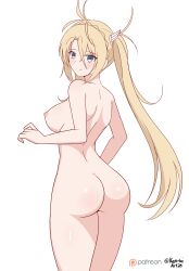 Rule 34 | 1girl, absurdres, ass, blonde hair, blue eyes, blush, bradamante (fate), braid, breasts, censored, completely nude, fate/grand order, fate (series), from behind, hair between eyes, hair ornament, highres, ken-tai artz, large breasts, long hair, looking at viewer, nipples, nude, open mouth, simple background, smile, solo, standing, thighs, twintails, very long hair, white background