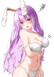 Rule 34 | 1girl, animal ears, blush, bra, breast hold, breasts, cleavage, collarbone, furrowed brow, highres, large breasts, light purple hair, lingerie, long hair, looking at viewer, navel, open mouth, panties, rabbit ears, reisen udongein inaba, sefushi, shiny skin, sidelocks, simple background, solo, squiggle, standing, stomach, thighs, touhou, underwear, upper body, white background, white bra, white panties