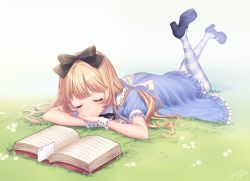 Rule 34 | 1girl, alice (alice in wonderland), alice in wonderland, artist name, black footwear, blonde hair, blue dress, blush, book, bow, card, closed eyes, dress, facing viewer, flower, frilled dress, frills, full body, grass, hair bow, head rest, heart, high heels, legs up, long hair, lying, mary janes, on stomach, open book, pantyhose, parted lips, playing card, puffy short sleeves, puffy sleeves, sakura shiho (shihoncake), shoes, short sleeves, sleeping, solo, striped clothes, striped pantyhose, wrist cuffs