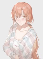 Rule 34 | 1girl, alternate costume, artist name, asuna (sao), bad id, bad pixiv id, blush, breasts, brown eyes, brown hair, cleavage, closed mouth, collarbone, commentary request, grey background, hair between eyes, hair ornament, highres, jacket, long hair, looking at viewer, riko201008, shirt, simple background, solo, sword art online, white jacket, white shirt